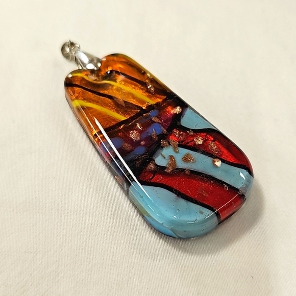 Colorful Abstract Design Fused Glass Pendant 18K White Gold Plated Bail - Picture 3 of 4